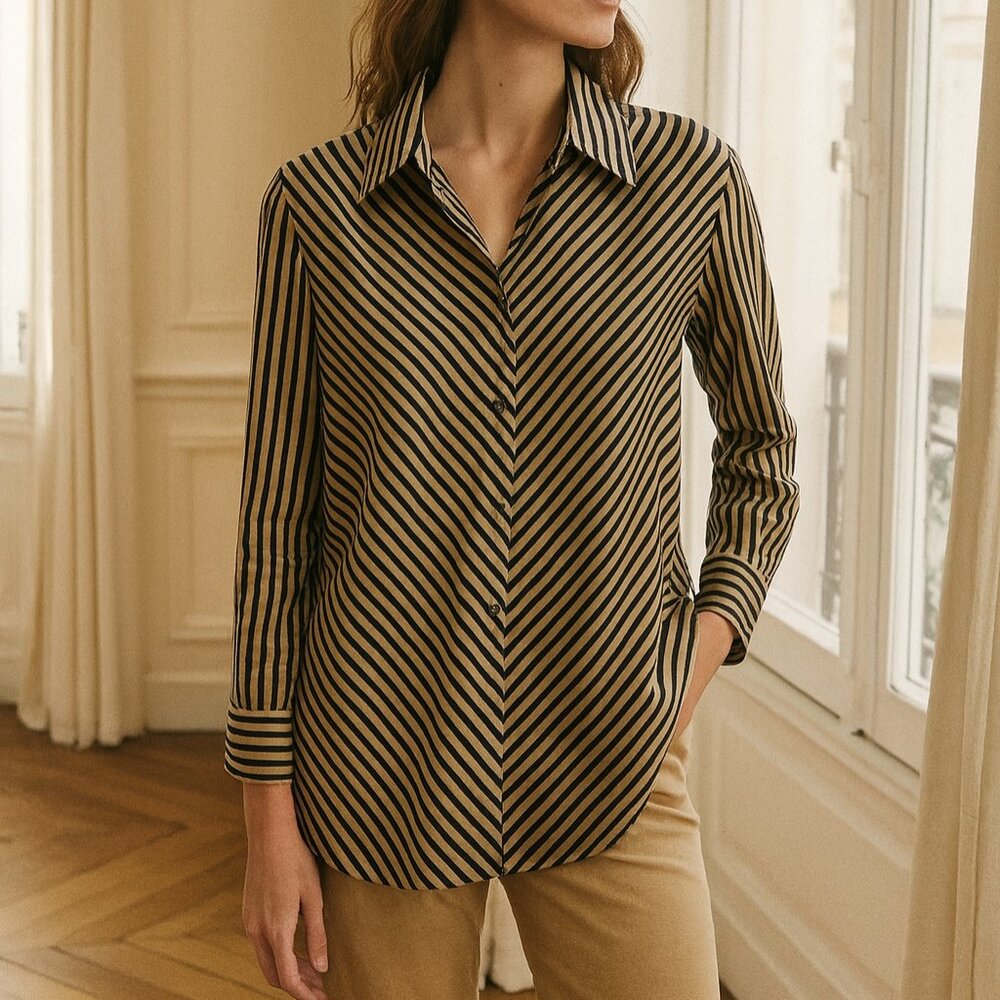 Chico's Brown Black Slanted Stripe Button Down No Iron Long Sleeve  Shirt 3